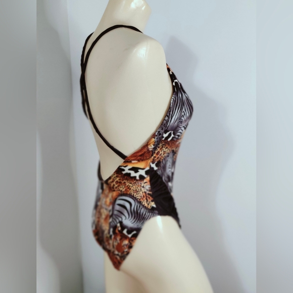 Safari animals Vintage one piece Swimsuit leotard body suit Back Out 80s S/M - Picture 5 of 7